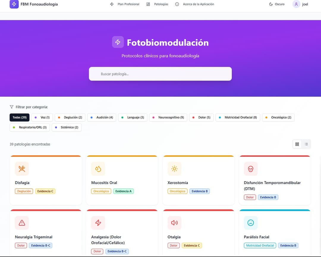 Listado de protocolos en la app con filtros por categoría