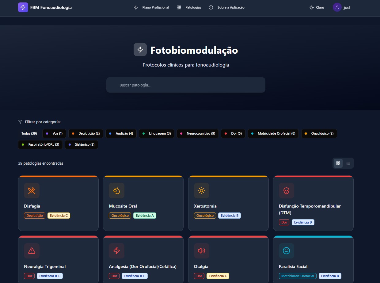 Vista de categorías y patologías en la app (tema oscuro)